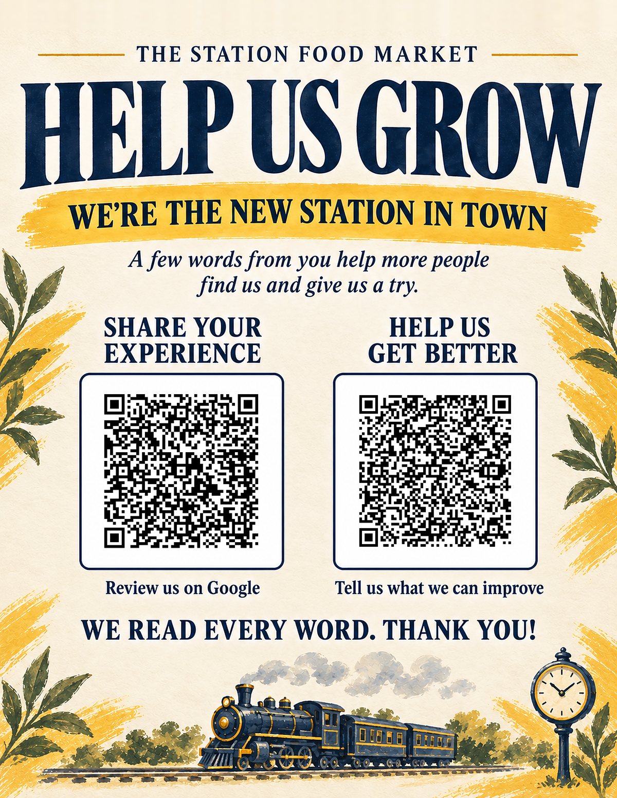 Help us grow poster: review The Station Food Market on Google or send feedback, with two QR codes