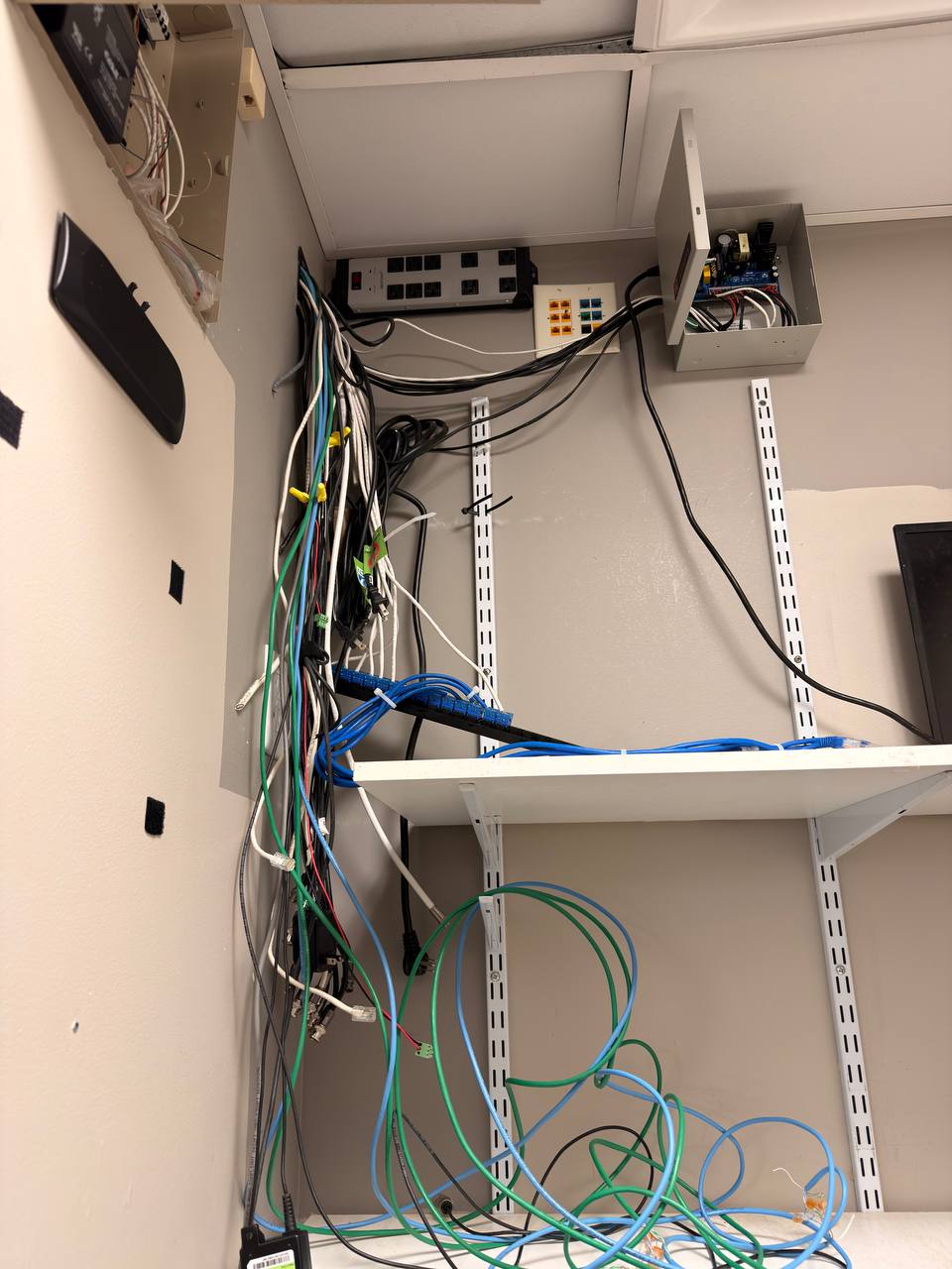 Internet, phone, and POS wiring being organized in the back office